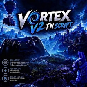 Può includere: Una grafica digitale con il testo VORTEX V2 FN SCRIPT in bianco e blu. L'immagine include un controller di gioco nero, una mongolfiera e una figura di lama blu su un paesaggio montuoso scuro con un cielo notturno tempestoso.