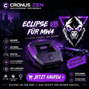 May include: A black and purple Cronus Zen gaming controller adapter featuring a digital display screen with the text ZEN. The graphic includes a stylised gorilla head, the text ECLIPSE V8 FÜR MW4, and icons for aim assist, anti-recoil, and rapid fire.