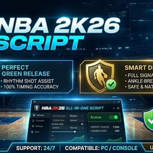 Puede incluir: Un gráfico digital para NBA 2K26 Script que presenta un logotipo de baloncesto, un icono de mando de juego y texto que detalla funciones como Perfect Green Release, Rhythm Shot Assist, Smart Dribbling Logic y una ventana de interfaz de software.