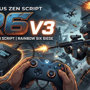 Könnte beinhalten: Ein schwarzes Cronus Zen-Gerät, das mit einem Gamecontroller verbunden ist, vor einem Hintergrund mit dem Text Cronus Zen Script R6 V3 Domination Script Rainbow Six Siege und einer Illustration von Soldaten in einer Kampfszene.