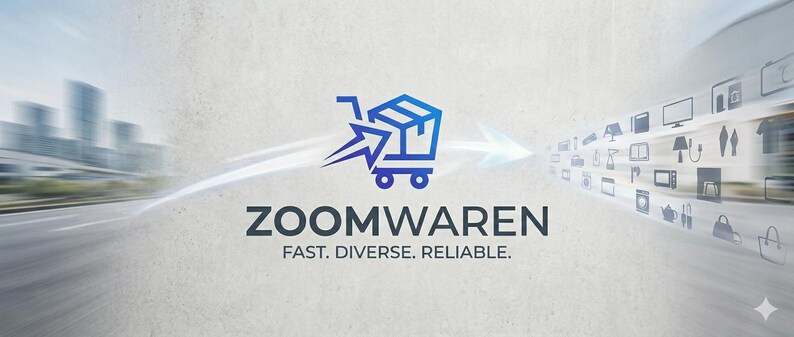以下が含まれることがあります： Zoomwarenのロゴは、青いショッピングカートに箱と矢印が描かれ、背景にはぼやけた都市景観と製品アイコンのストリームがあります。「ZOOMWAREN」の文字と「FAST. DIVERSE. RELIABLE.」というスローガンが表示されています。