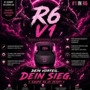 Op de afbeelding: Een zwart Cronus Zen apparaat in het midden op een gloeiend roze platform, omringd door tekst waaronder #1 SCRIPT, #1 IN R6 en DEIN VORTEIL. DEIN SIEG. De achtergrond toont twee tactische figuren met gasmaskers en geweren in een donkere, neonroze omgeving.