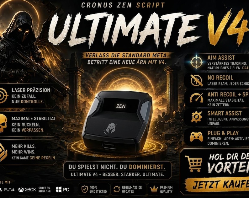 May include: A black Cronus Zen device with a central screen displaying the text ZEN, positioned on a circular platform. The background features text including ULTIMATE V4, CRONUS ZEN SCRIPT, and various gaming feature descriptions in German.