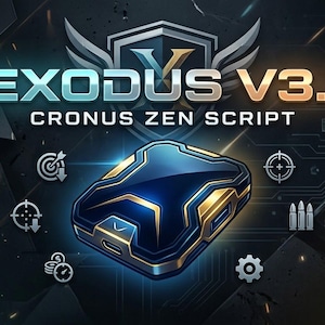 Könnte beinhalten: Ein dunkelblauer und goldener Gaming-Controller-Adapter mit dem Text EXODUS V3.1 CRONUS ZEN SCRIPT. Das Gerät hat ein schlankes, kantiges Design mit metallischen Akzenten, umgeben von verschiedenen kreisförmigen Symbolen für Ziel- und Einstellungsoptionen.