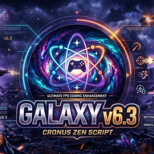 Op de afbeelding: Een digitale grafische interface getiteld Galaxy v6.3 Cronus Zen Script Ultimate FPS Cosmic Enhancement. Het ontwerp toont twee soldaten in tactische uitrusting met geweren, een centraal atoomicoon met een gamecontroller.