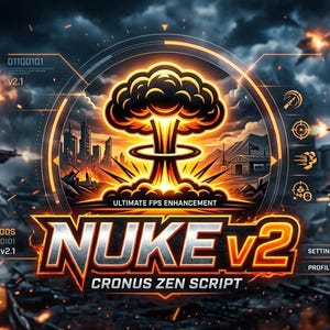 Op de afbeelding: Een digitale afbeelding met een centraal gloeiend atoompaddenstoel-icoon met de tekst NUKE v2 ULTIMATE FPS ENHANCEMENT CRONUS ZEN SCRIPT. Twee soldaten in tactische uitrusting met gloeiende oranje vizieren staan aan weerszijden op een slagveld.
