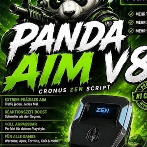 May include: A black electronic gaming device with a digital display showing the word ZEN, positioned below a graphic featuring a panda character holding a rifle and the bold text PANDA AIM V8 CRONUS ZEN SCRIPT, surrounded by green lighting effects.