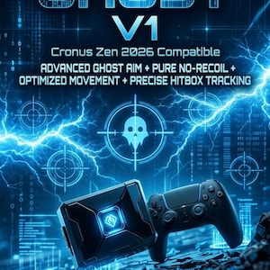 Op de afbeelding: Een promotieafbeelding voor een gaming-accessoire, met de tekst "GHOST V1" in grote, blauwe, digitale letters. De afbeelding bevat een zwarte controller en een zwart apparaat met blauwe accenten, tegen een blauwe, tech-thema achtergrond met bliksemeffecten en de tekst "Cronus Zen 2026 Compatible".