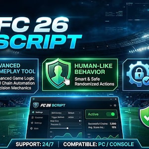 May include: A digital graphic for FC 26 SCRIPT featuring a soccer ball emblem, a game controller icon, and text boxes highlighting advanced gameplay tools, human-like behavior, and secure purchase options with a dark stadium background.