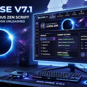 Puede incluir: Un monitor de computadora muestra la interfaz del script Eclipse V7.1 Premium Cronus Zen con un fondo espacial. La pantalla muestra módulos, configuraciones actuales y un perfil de jugador. Un teclado, un ratón y un mando están en el escritorio.