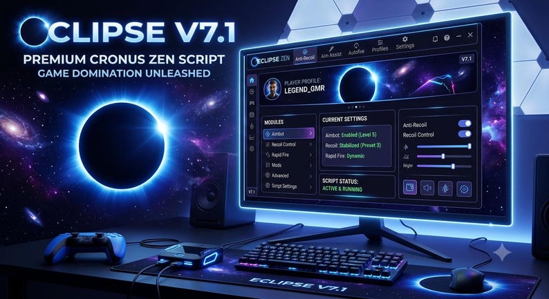 Pu&ograve; includere: Un monitor per computer mostra l'interfaccia dello script Eclipse V7.1 Premium Cronus Zen con uno sfondo spaziale. Lo schermo mostra moduli, impostazioni correnti e un profilo giocatore. Tastiera, mouse e controller sono sulla scrivania.