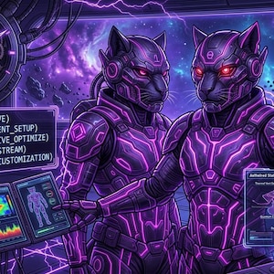 Op de afbeelding: Twee antropomorfe panterfiguren in donker pantser met gloeiende paarse circuitpatronen staan in een futuristisch commandocentrum. Een digitaal display toont tekst waaronder neural_sync: ACTIVE en tactical: ENGAGEMENT_SETUP, terwijl een kaart de Aethered Station Sector weergeeft.
