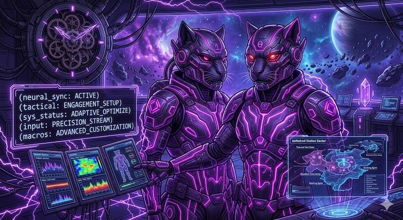 K&ouml;nnte beinhalten: Zwei anthropomorphe Pantherfiguren in dunkler R&uuml;stung mit leuchtenden violetten Schaltkreismustern stehen in einer futuristischen Kommandozentrale. Ein digitales Display zeigt Text wie neural_sync: ACTIVE und tactical: ENGAGEMENT_SETUP sowie eine Karte des Aethered Station Sektors.