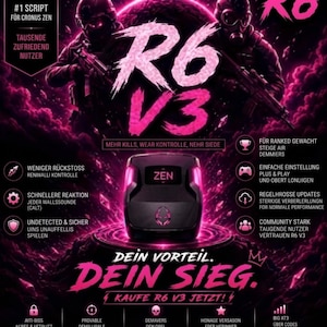 Op de afbeelding: Een zwart Cronus Zen gaming-apparaat gecentreerd op een donkere achtergrond met roze neonverlichting. De afbeelding bevat twee soldaten, de tekst R6 V3 en diverse Duitse zinnen waaronder #1 SCRIPT FÜR CRONUS ZEN, DEIN VORTEIL. DEIN SIEG. en KAUFE R6 V3 JETZT!.
