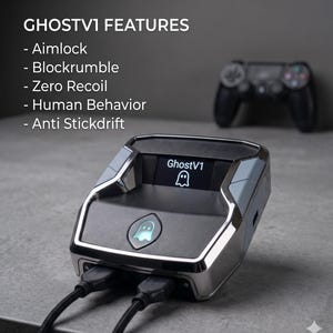 May include: A silver and black gaming device with the text "GhostV1" and a ghost icon on the screen. The device has two USB cables and is next to a black game controller. The text "GHOSTV1 FEATURES" is at the top.