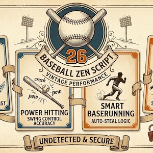 May include: A vintage-style graphic featuring a baseball and crossed bats with the text 26 BASEBALL ZEN SCRIPT VINTAGE PERFORMANCE. Four rectangular panels display illustrations of a glove, a bat hitting a ball, a runner, and a fielder with text including PERFECT PITCHING, POWER HITTING, SMART BASERUNNING, TACTICAL FIELDING, and UNDETECTED & SECURE.