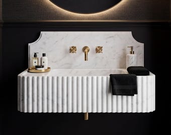 Carrara-Marmor Wand Waschbecken - Geriffeltes Luxusstein Badezimmer Becken, handgefertigt aus einem einzigen massiven Natursteinblock