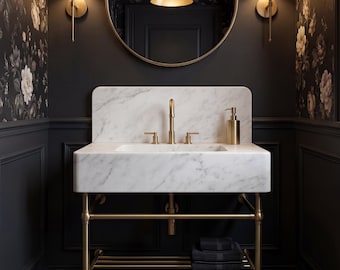 White Marble Sink Brass Gold Console Vanity | Modern Bathroom Basin Metal Frame Shelf | Luxury Freestanding Powder Room Washstand