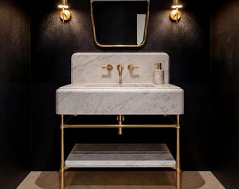 Carrara Marble Sink Brass Gold Console Vanity | Modern Bathroom Basin Metal Frame Shelf | Luxury Freestanding Powder Room Washstand