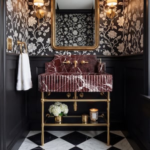 Rosso Levanto  Marble Sink Brass Gold Console Vanity | Modern Bathroom Basin Metal Frame Shelf | Luxury Freestanding Powder Room Washstand