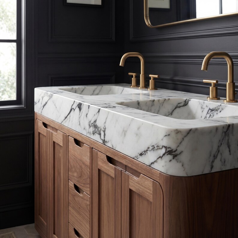 Solid Walnut Double Bathroom Vanity With Marble Top, Luxury Master Bath ...