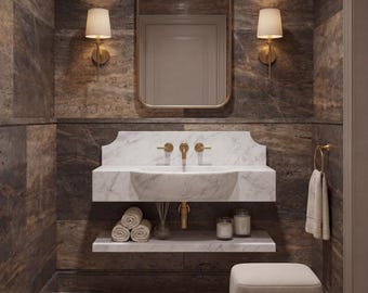 Luxury Carrara Marble Floating Sink with Matching Shelf, Wall Mounted Bathroom Vanity, Hand Carved Stone Sink with Backsplash, Powder Room