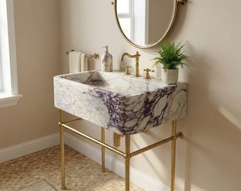 Tocador de lujo con lavabo de mármol y soporte de latón, lavabo moderno de estilo rústico, lavabo de piedra natural, tocador para baño pequeño.