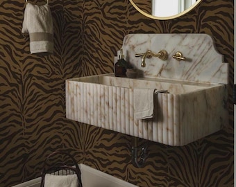 Lavabo de mármol Calacatta Gold estriado con protector contra salpicaduras, tocador de baño suspendido, lavabo de piedra natural hecho a mano, lavabo flotante moderno.