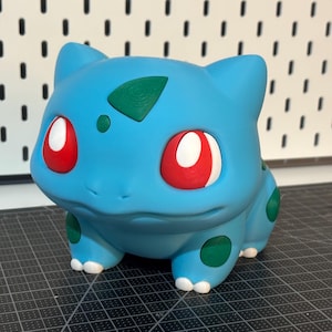 May include: A light blue creature figurine with large red eyes, white pupils, and dark green spots on its head and legs. The figure has pointed ears, a wide mouth, and small white claws on its feet, rendered in a smooth, matte finish.