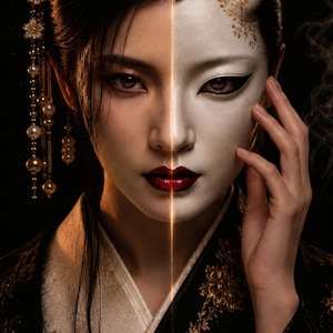 Japanese Noh Mask Art Set of 2 | Choose Your Favorite Style | Dark Fantasy Printable Wall Art Digital Download