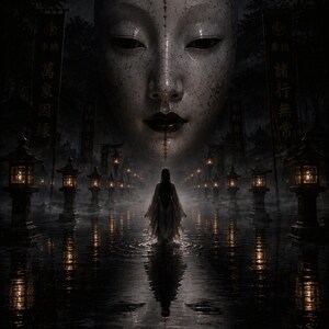 Pode incluir: Uma grande máscara branca rachada com olhos e lábios escuros flutua sobre uma figura com uma túnica longa e clara, em pé num lago escuro e reflexivo. Fileiras de lanternas de pedra iluminadas alinham o caminho com faixas verticais.