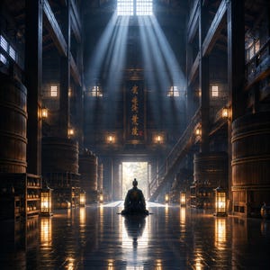 May include: A person sits in meditation within a vast, dark wooden hall featuring towering wooden barrels, glowing lanterns, and a central vertical banner with gold Japanese calligraphy. Sunlight streams through a high window, illuminating the floor.