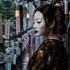 以下が含まれることがあります： 黒と金の模様が入った着物を着て、金色のアクセントがある白い顔のマスクをつけた人物。髪は金色の髪飾りでまとめられ、長いぶら下がりイヤリングをしており、吊るされたガラスの風鈴の中に佇んでいる。