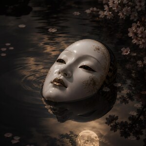 以下が含まれることがあります： 額と頬に繊細な金の桜模様が描かれ、唇が金色に塗られた白い陶器の仮面が、暗い水面に浮かんでいます。仮面はアーモンド形の目を持ち、周囲には淡いピンク色の桜の花びらが浮かんでいます。
