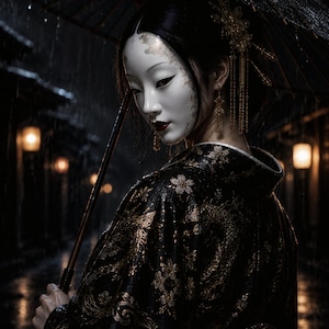 Japanese Noh Mask Art Print |Rain Beneath the Lanterns | Japanese Dark Fantasy Art Print | Noh Mask Maiden in the Rain