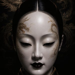 May include: A portrait of a figure with pale white skin, black hair styled in a high bun, and dark lips. Intricate gold dragon designs are visible on the temples and cheeks. The figure wears a dark garment with gold patterns against a black background.