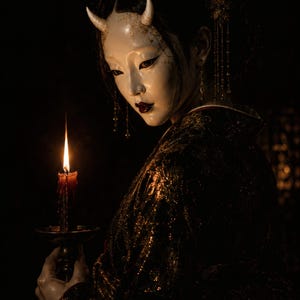 以下が含まれることがあります： 二本の小さな角と濃いアイメイクが施された白い仮面。金色の刺繍が施された暗い色の着物を纏い、金属製の燭台に立てられた火のついた蝋燭を持っている。黒い背景の中で、暗い髪型から金色の髪飾りが垂れ下がっている。