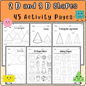 Könnte beinhalten: Eine Sammlung von 45 Arbeitsblättern mit dem Titel 2D and 3D Shapes, die schwarz-weiße Übungen zum Nachzeichnen von Dreiecken, Kreisen, Kegeln und dreieckigen Pyramiden sowie Aufgaben zum Zuordnen und Zeichnen von Formen enthalten.