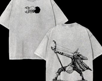 Camiseta Vintage Slingshot Warrior, Camiseta Retro Gris Ácida Destellante, Gráfico Monocromático de Boceto a Tinta, Funda de Bomba de Gimnasio Estilo Cómic Japonés Regalo