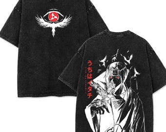 Itachi Uchiha Graphic Tee, Vintage Mangekyou Sharingan Crow Oversized T-Shirt, Akatsuki Anime Red Typography Apparel, Acid Wash Black Shirt