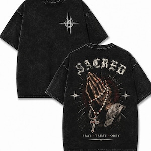 Gothic Praying Hands Shirt, Pray Trust Obey Christian Graphic Tee, Cyber Sigilism Cross Messiah Tshirt, Vintage Dark Aesthetic Faith Top