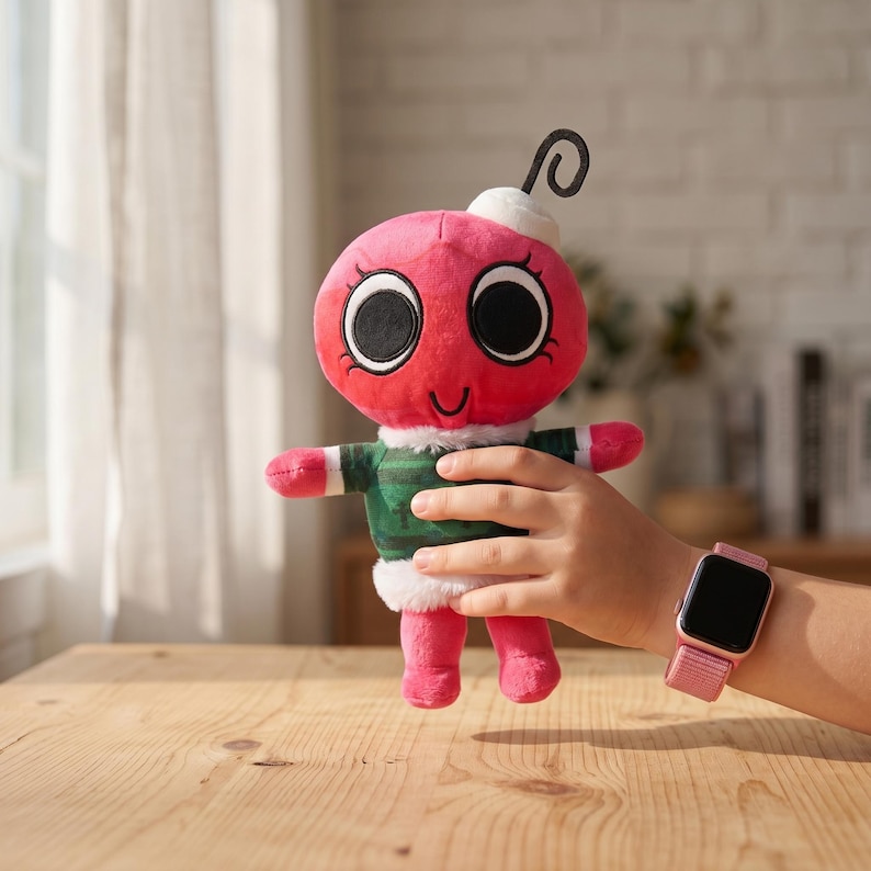 May include: A pink plush toy shaped like an ornament, featuring large black eyes, a white top, and a curly black antenna. It wears a green and white striped shirt and has pink limbs. A pink smartwatch is visible on a wrist.