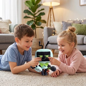 May include: A soft toy robot with a teal screen, black antennae, and a bow tie. The robot has green eyes and a remote control arm. Two children are smiling and playing with the toy on a patterned carpet.