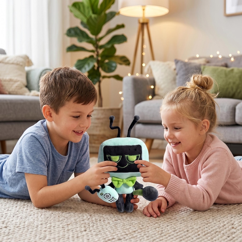 May include: A soft toy robot with a teal screen, black antennae, and a bow tie. The robot has green eyes and a remote control arm. Two children are smiling and playing with the toy on a patterned carpet.