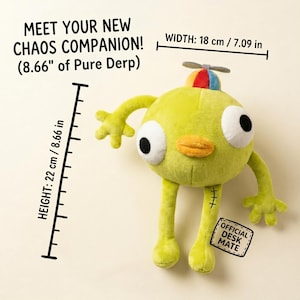 May include: A lime green plush toy with large black and white eyes, a yellow beak, and a propeller hat. The toy is 8.66 inches tall and 7.09 inches wide. Text on the image reads "MEET YOUR NEW CHAOS COMPANION!" and "OFFICIAL DESK MATE."