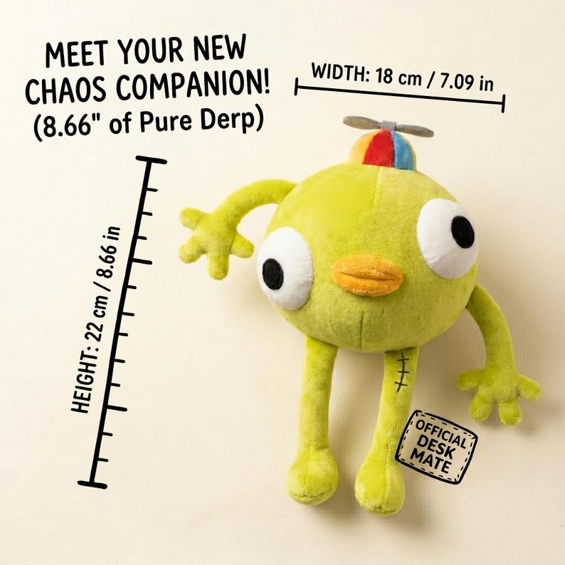 May include: A lime green plush toy with large black and white eyes, a yellow beak, and a propeller hat. The toy is 8.66 inches tall and 7.09 inches wide. Text on the image reads "MEET YOUR NEW CHAOS COMPANION!" and "OFFICIAL DESK MATE."