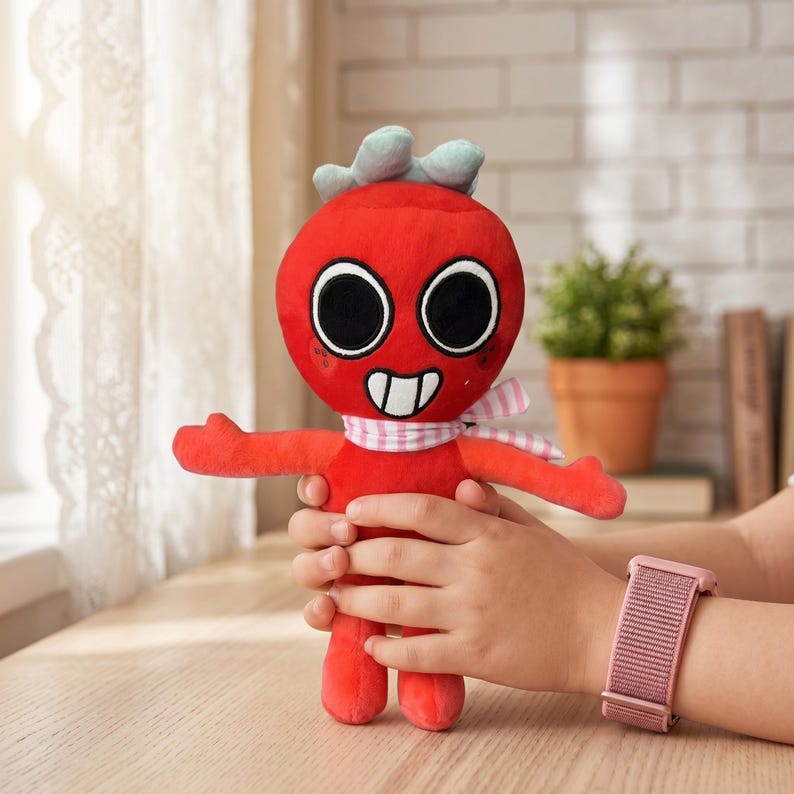 May include: A red plush toy with large black eyes, a white smile, and a pink and white scarf. The toy has small blue accents on top of its head and is being held by a person.