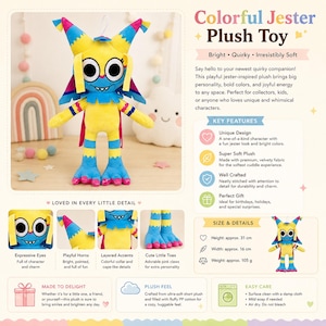 Pu&ograve; includere: Un peluche colorato a forma di giullare con occhi espressivi, corna giocose e accenti a strati. Il peluche &egrave; giallo, blu e rosso, con un'altezza di circa 31 cm e una larghezza di 16 cm.