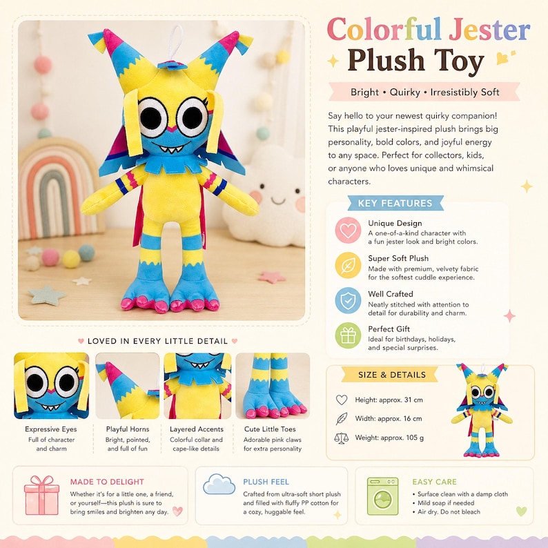 Pu&ograve; includere: Un peluche colorato a forma di giullare con occhi espressivi, corna giocose e accenti a strati. Il peluche &egrave; giallo, blu e rosso, con un'altezza di circa 31 cm e una larghezza di 16 cm.