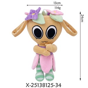 May include: A plush toy with a tan head and body, large black eyes, and long, tan ears. It has purple and pink flower accents, a pink and green striped skirt, and green and white striped feet. The toy is 9.4 inches tall and 5.1 inches wide, and weighs 4 ounces.